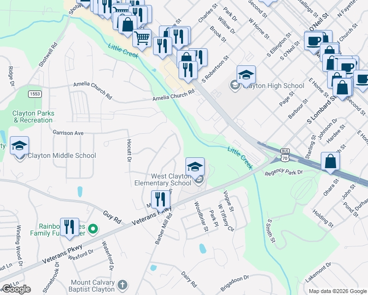 map of restaurants, bars, coffee shops, grocery stores, and more near 86 Sleepy Creek Drive in Clayton