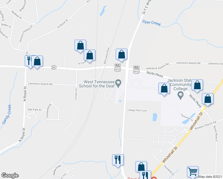map of restaurants, bars, coffee shops, grocery stores, and more near 100 Park Ridge Drive in Jackson