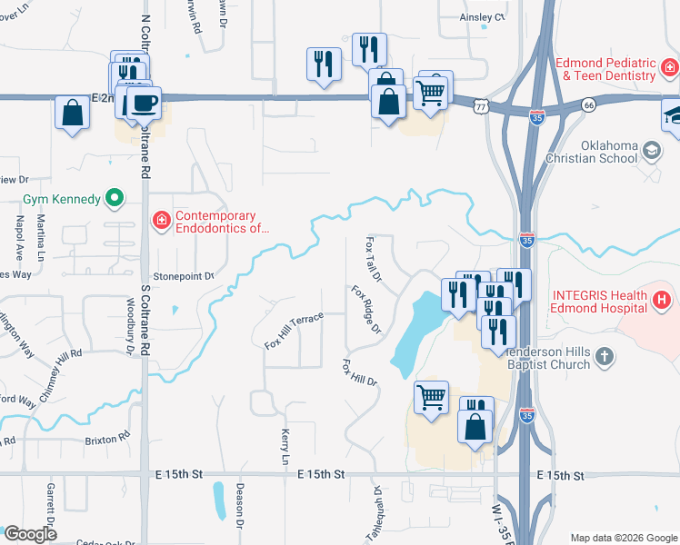 map of restaurants, bars, coffee shops, grocery stores, and more near 801 Fox Hill Drive in Edmond