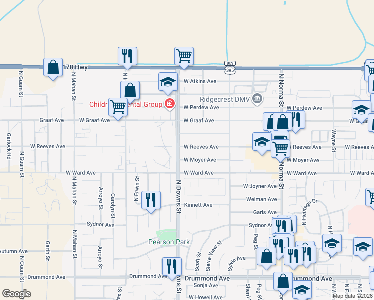 map of restaurants, bars, coffee shops, grocery stores, and more near 833 West Reeves Avenue in Ridgecrest