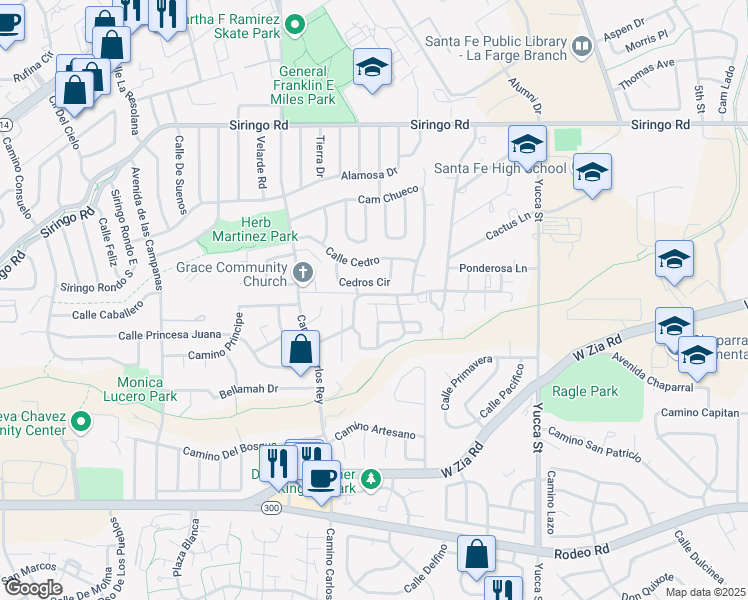 map of restaurants, bars, coffee shops, grocery stores, and more near 2210 Camino Rancho Siringo in Santa Fe