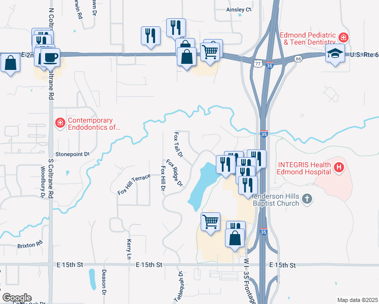 map of restaurants, bars, coffee shops, grocery stores, and more near 817 Fox Run Trail in Edmond
