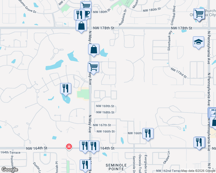 map of restaurants, bars, coffee shops, grocery stores, and more near 2804 Northwest 171st Street in Edmond