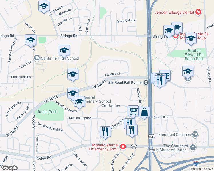 map of restaurants, bars, coffee shops, grocery stores, and more near 1889 Esplendor Street in Santa Fe