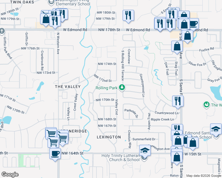 map of restaurants, bars, coffee shops, grocery stores, and more near 512 Northwest 172nd Place in Edmond