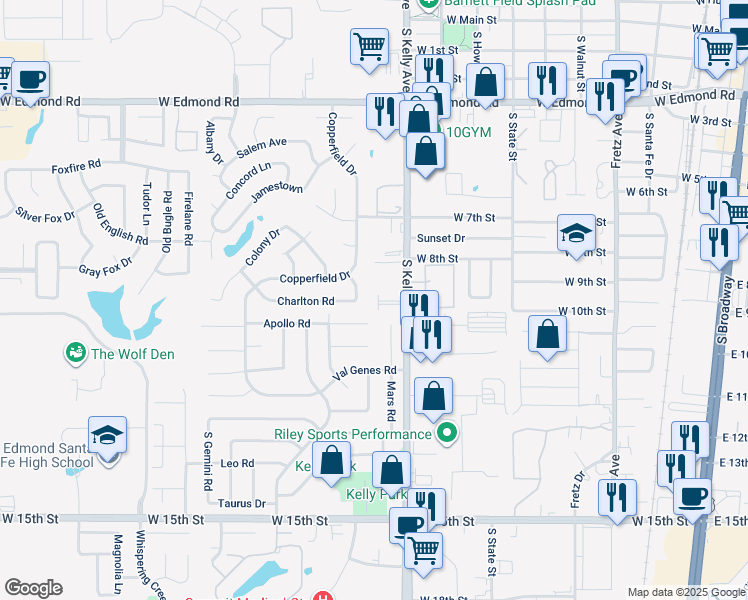 map of restaurants, bars, coffee shops, grocery stores, and more near 833 South Kelly Avenue in Edmond