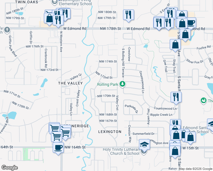 map of restaurants, bars, coffee shops, grocery stores, and more near 528 Northwest 172nd Place in Edmond