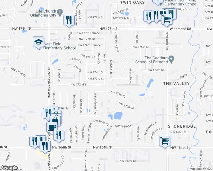 map of restaurants, bars, coffee shops, grocery stores, and more near 17300 Iron Lane in Edmond