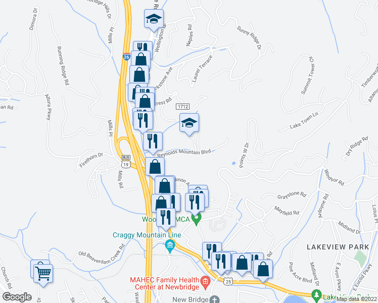 map of restaurants, bars, coffee shops, grocery stores, and more near 7 Reynolds Mountain Boulevard in Woodfin