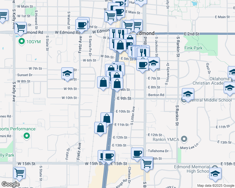 map of restaurants, bars, coffee shops, grocery stores, and more near 800 South Broadway in Edmond