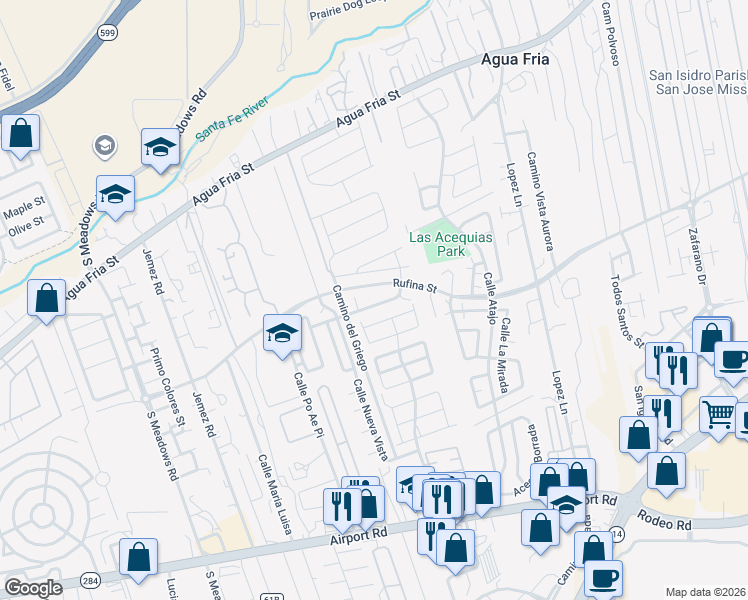 map of restaurants, bars, coffee shops, grocery stores, and more near 3009 Halpin Court in Santa Fe