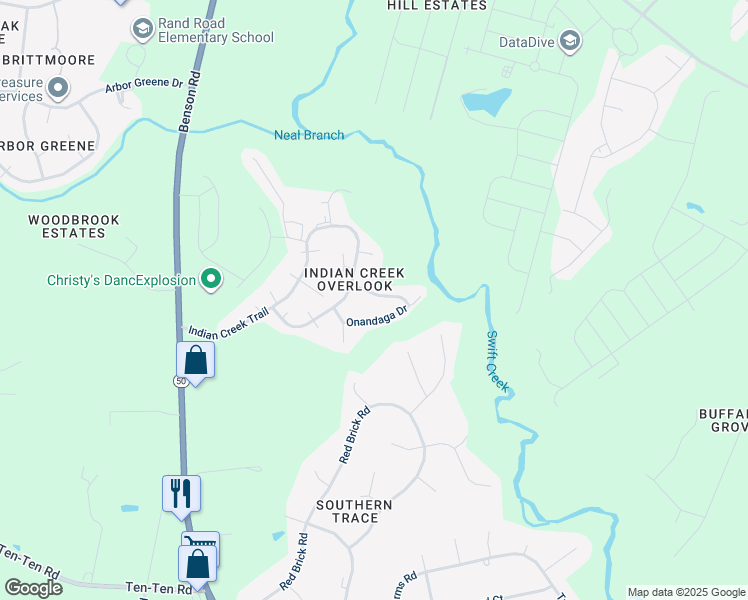 map of restaurants, bars, coffee shops, grocery stores, and more near 4912 Arapaho Drive in Garner