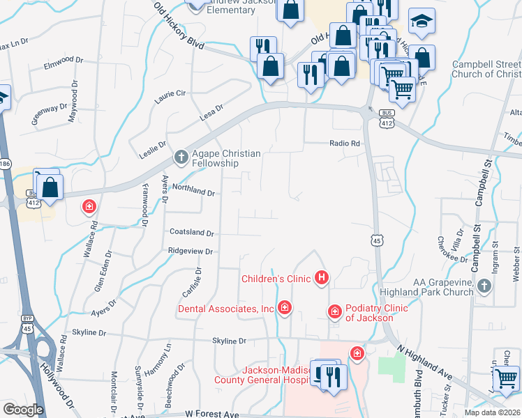 map of restaurants, bars, coffee shops, grocery stores, and more near 12 Falconwood Cove in Jackson