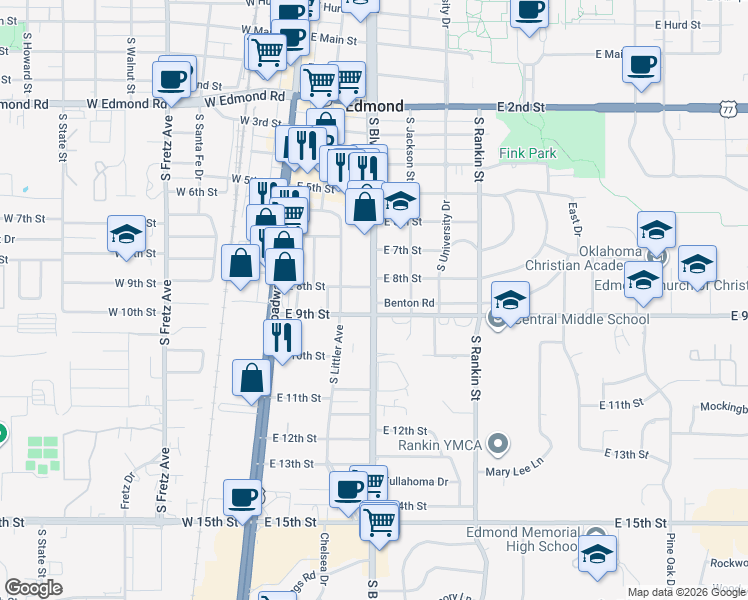map of restaurants, bars, coffee shops, grocery stores, and more near 213 Benton Road in Edmond