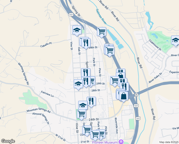 map of restaurants, bars, coffee shops, grocery stores, and more near 3014 Spring Street in Paso Robles