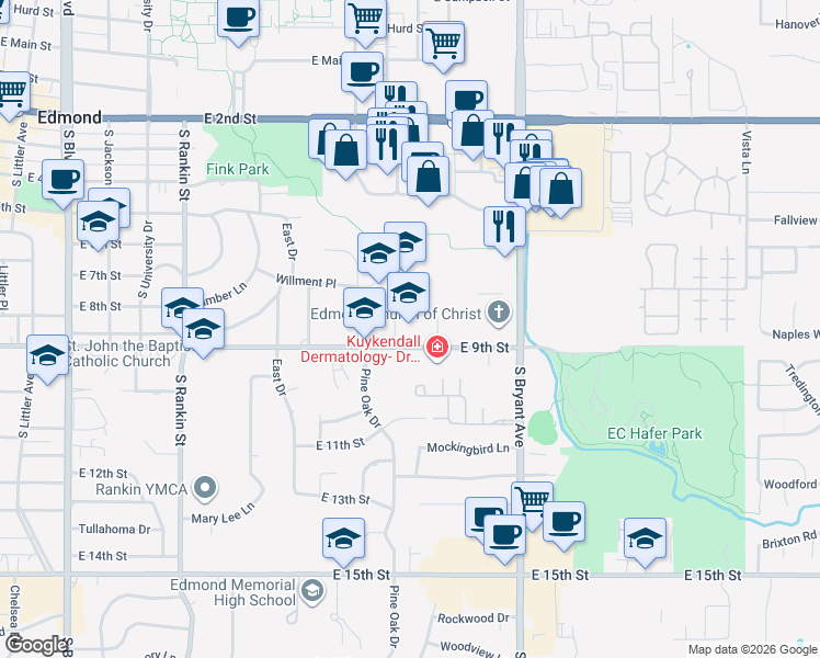 map of restaurants, bars, coffee shops, grocery stores, and more near 1215 East 9th Street in Edmond