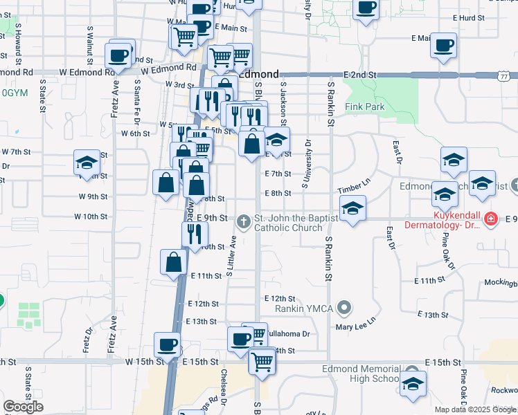 map of restaurants, bars, coffee shops, grocery stores, and more near 213 Benton Road in Edmond