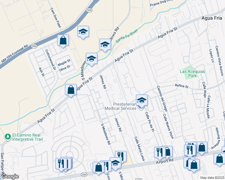 map of restaurants, bars, coffee shops, grocery stores, and more near 4880 Agua Fria Street in Santa Fe