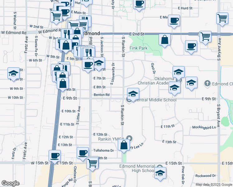 map of restaurants, bars, coffee shops, grocery stores, and more near 415 Benton Road in Edmond