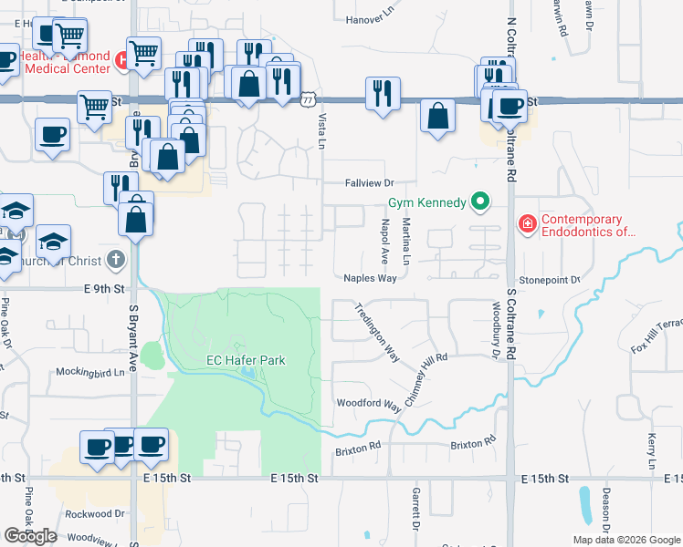 map of restaurants, bars, coffee shops, grocery stores, and more near 756 Tuscany Way in Edmond