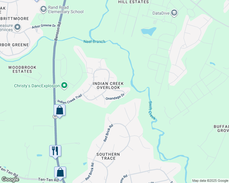 map of restaurants, bars, coffee shops, grocery stores, and more near 4912 Arapaho Drive in Garner