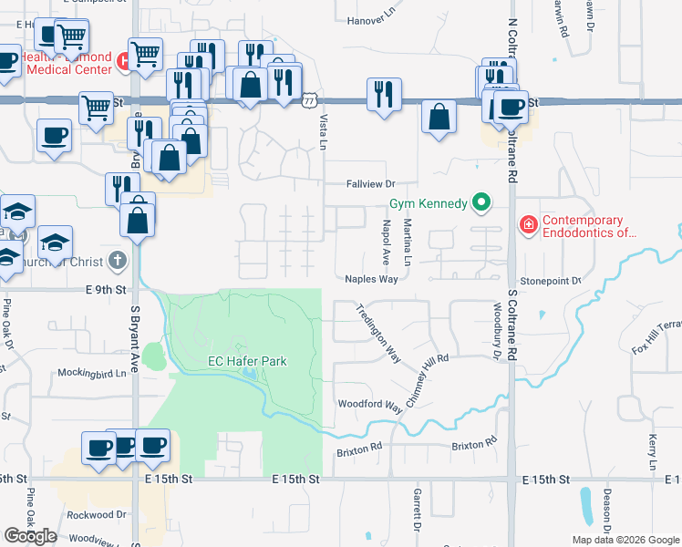 map of restaurants, bars, coffee shops, grocery stores, and more near 756 Tuscany Way in Edmond