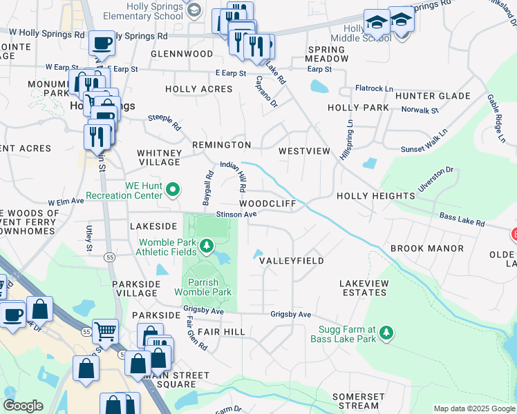 map of restaurants, bars, coffee shops, grocery stores, and more near 605 Stinson Avenue in Holly Springs