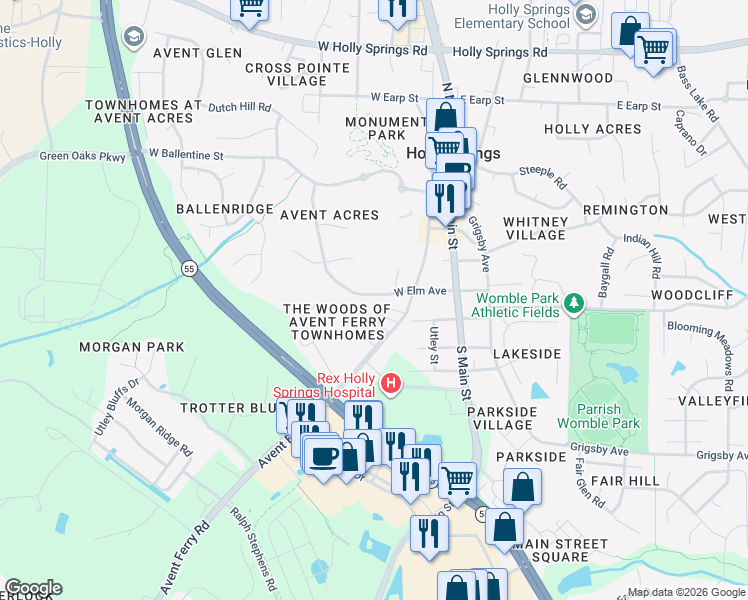 map of restaurants, bars, coffee shops, grocery stores, and more near 213 West Elm Avenue in Holly Springs
