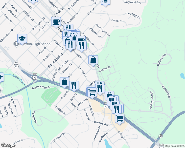 map of restaurants, bars, coffee shops, grocery stores, and more near 613 East Main Street in Clayton