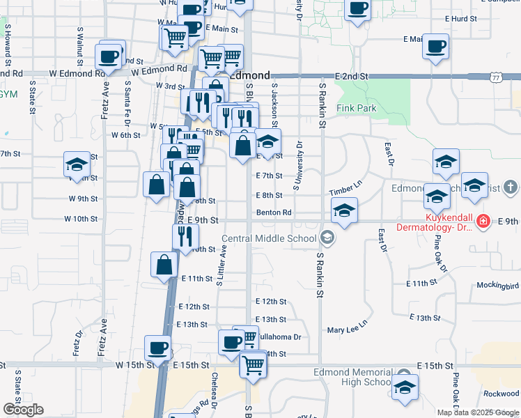 map of restaurants, bars, coffee shops, grocery stores, and more near 213 Benton Road in Edmond