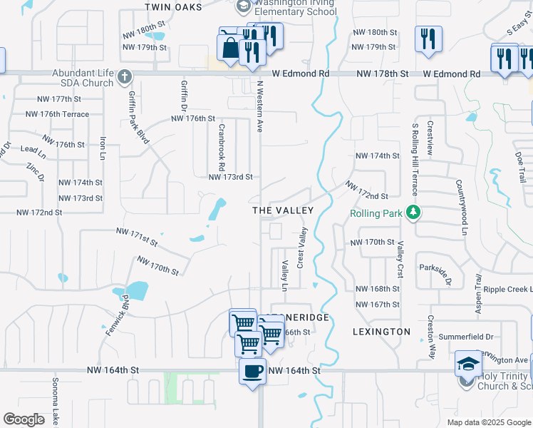 map of restaurants, bars, coffee shops, grocery stores, and more near 17301 Valley Place in Edmond