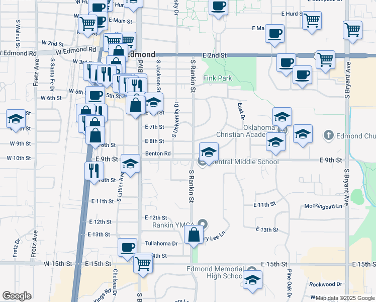 map of restaurants, bars, coffee shops, grocery stores, and more near 415 Benton Road in Edmond