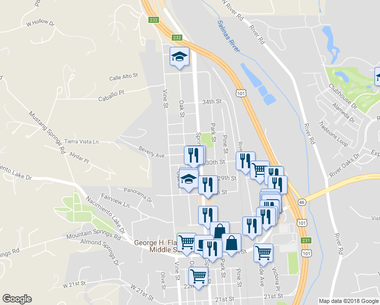 map of restaurants, bars, coffee shops, grocery stores, and more near 3038 Oak Street in Paso Robles