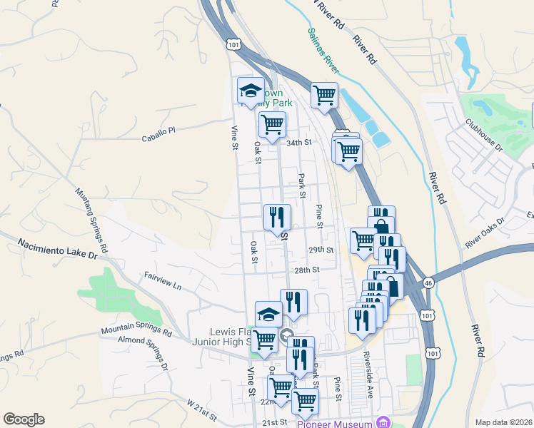 map of restaurants, bars, coffee shops, grocery stores, and more near 3038 Oak Street in Paso Robles