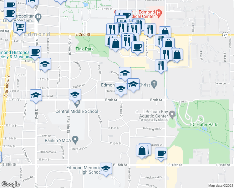 map of restaurants, bars, coffee shops, grocery stores, and more near 835 East 9th Street in Edmond