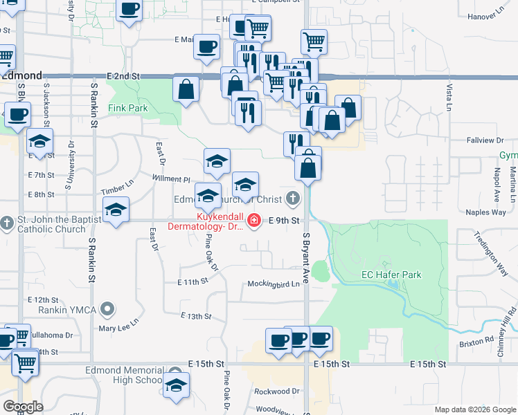 map of restaurants, bars, coffee shops, grocery stores, and more near 1215 East 9th Street in Edmond