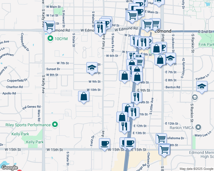 map of restaurants, bars, coffee shops, grocery stores, and more near 137 West 10th Place in Edmond