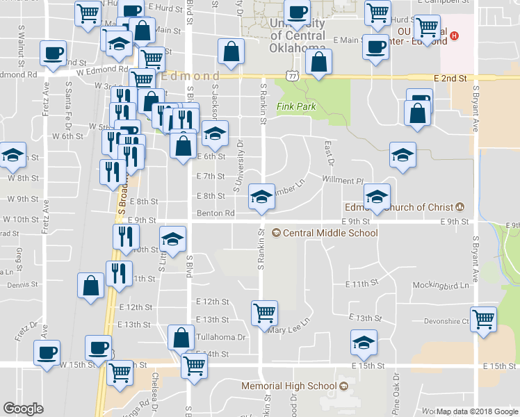 map of restaurants, bars, coffee shops, grocery stores, and more near 435 Benton Road in Edmond