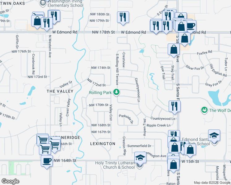 map of restaurants, bars, coffee shops, grocery stores, and more near 917 Rolling Hill Terrace in Edmond