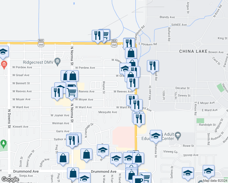 map of restaurants, bars, coffee shops, grocery stores, and more near E Street in Ridgecrest
