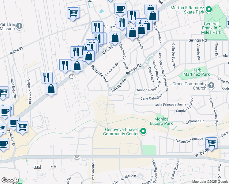 map of restaurants, bars, coffee shops, grocery stores, and more near 3236 Siringo Road in Santa Fe