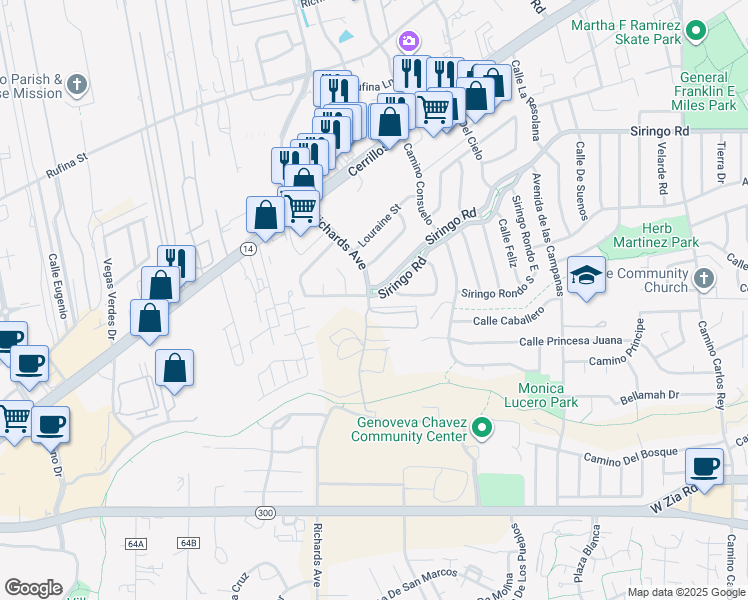 map of restaurants, bars, coffee shops, grocery stores, and more near 3236 Siringo Road in Santa Fe