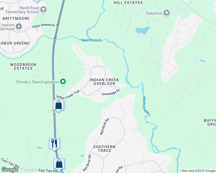 map of restaurants, bars, coffee shops, grocery stores, and more near 4908 Arapaho Drive in Garner