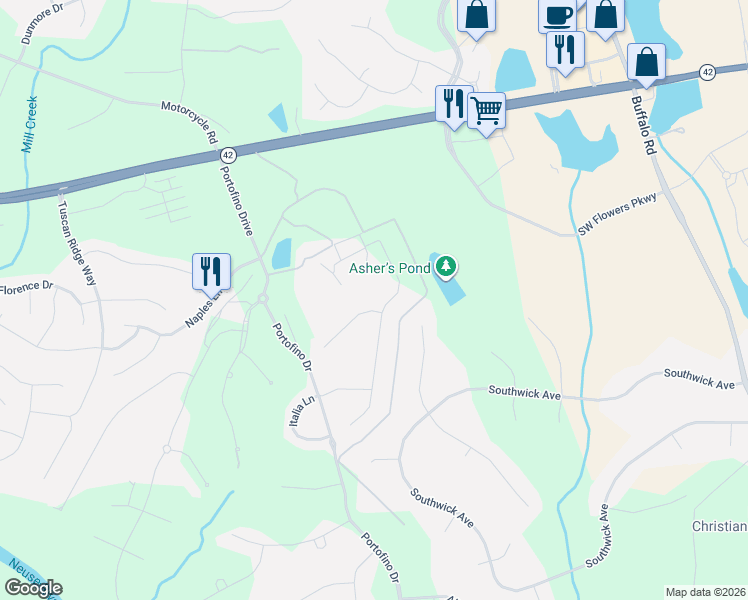 map of restaurants, bars, coffee shops, grocery stores, and more near 76 Bella Vita Drive in Clayton