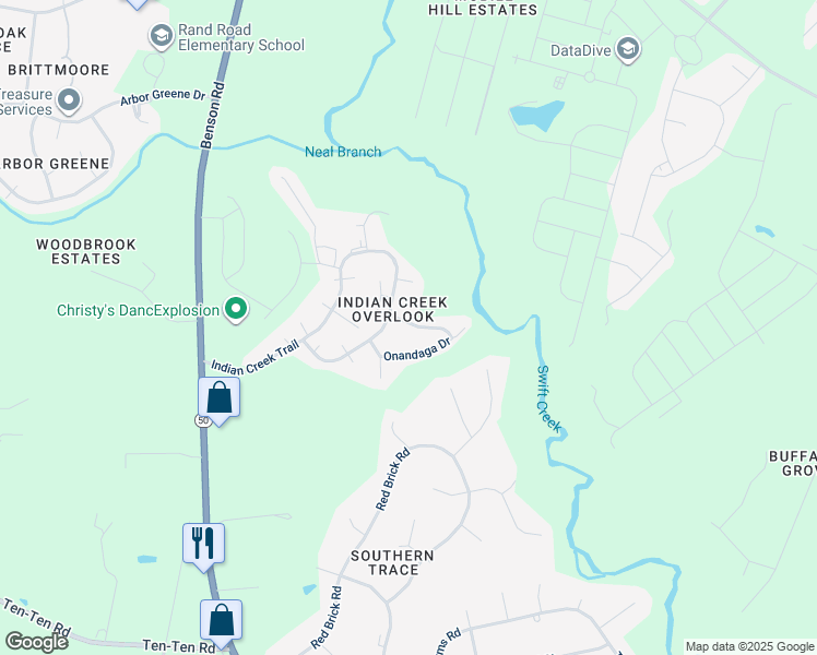 map of restaurants, bars, coffee shops, grocery stores, and more near 4908 Arapaho Drive in Garner