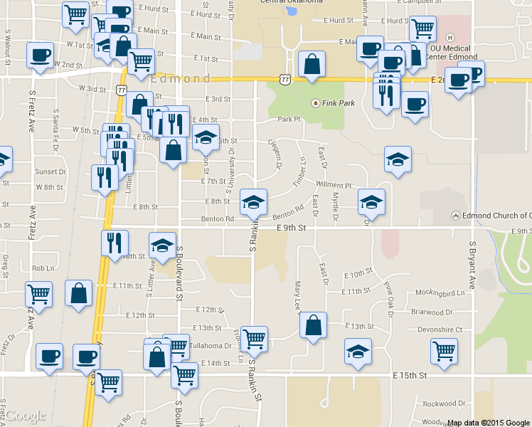 map of restaurants, bars, coffee shops, grocery stores, and more near 505 Benton Road in Edmond