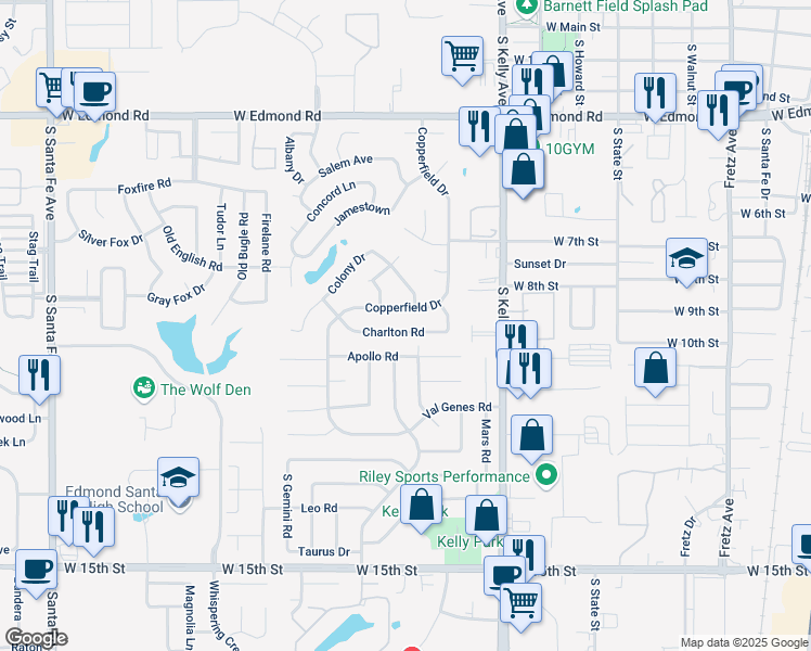 map of restaurants, bars, coffee shops, grocery stores, and more near 1201 Charlton Road in Edmond