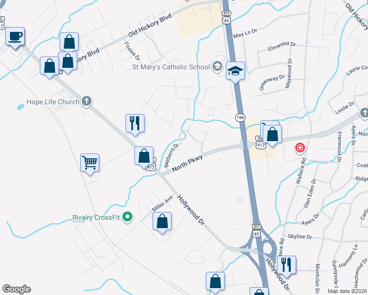 map of restaurants, bars, coffee shops, grocery stores, and more near 14 Angela Cove in Jackson