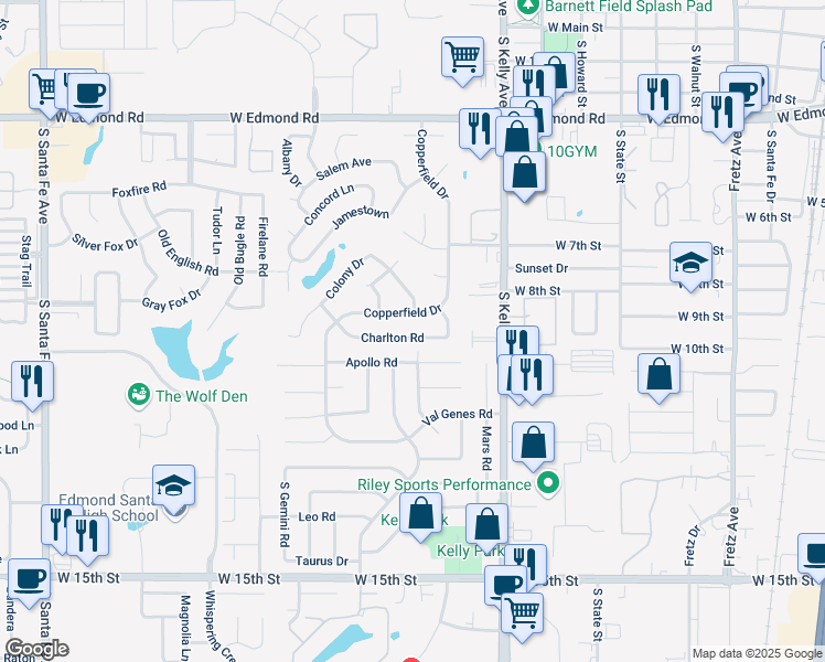 map of restaurants, bars, coffee shops, grocery stores, and more near 1201 Charlton Road in Edmond