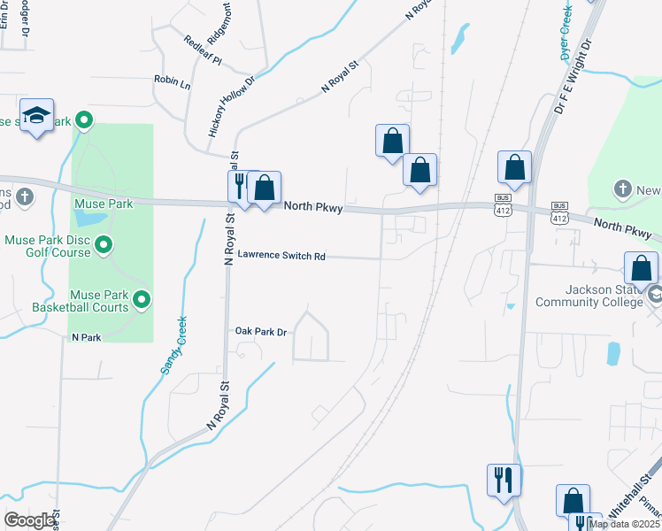map of restaurants, bars, coffee shops, grocery stores, and more near 116 Lawrence Switch Road in Jackson